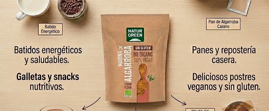 Infografia con recetas sin gluten utilizando Harina de Algarroba NaturGreen