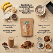 Infografia con recetas sin gluten utilizando Harina de Algarroba NaturGreen